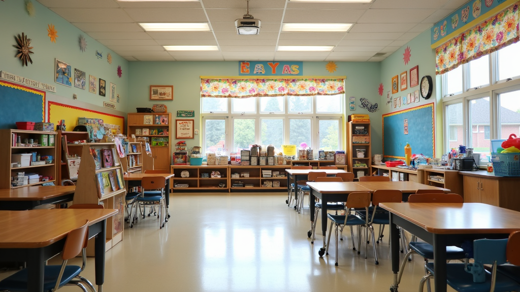 A bright elementary classroom with colorful bulletin boards, learning stations, and students working together at tables.